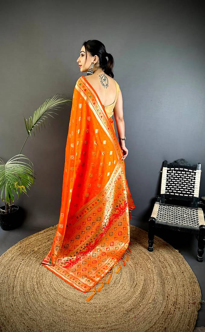 orange banarasi lichi silk blend meenakari zari weaving patola saree