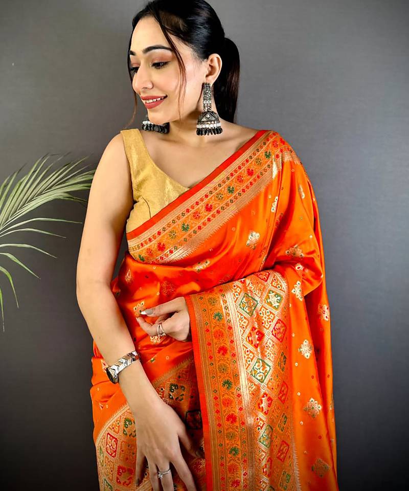 orange banarasi lichi silk blend meenakari zari weaving patola saree
