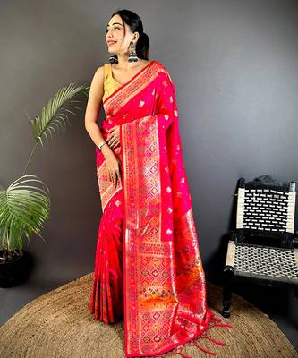 coral pink banarasi lichi silk blend meenakari zari weaving patola saree 1