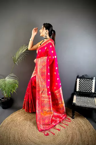 coral pink banarasi lichi silk blend meenakari zari weaving patola saree