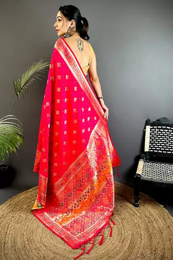 coral pink banarasi lichi silk blend meenakari zari weaving patola saree
