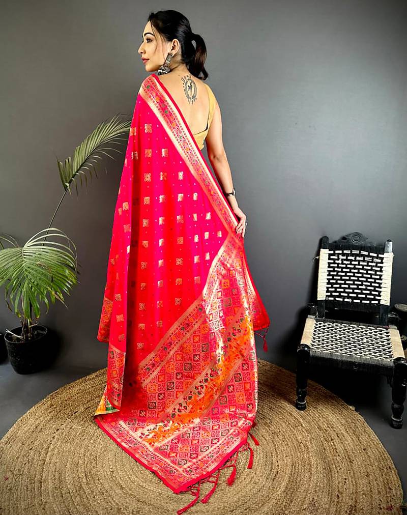 coral pink banarasi lichi silk blend meenakari zari weaving patola saree