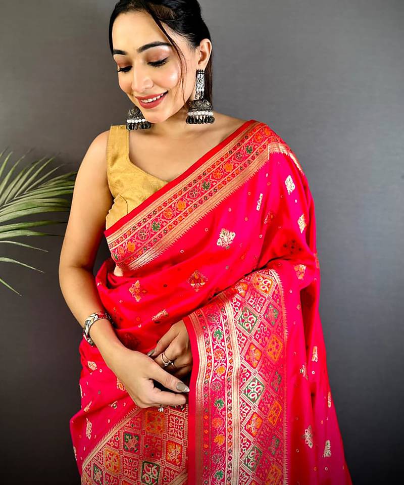 coral pink banarasi lichi silk blend meenakari zari weaving patola saree