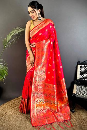 red banarasi lichi silk blend meenakari zari weaving patola saree