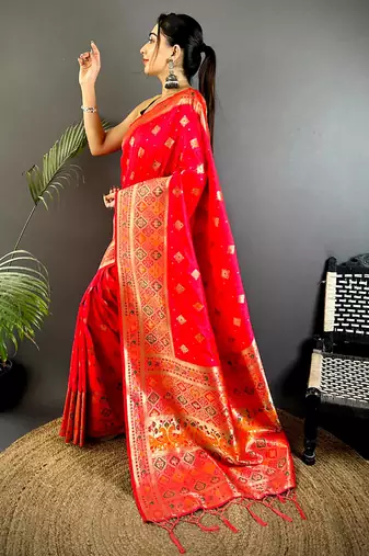 red banarasi lichi silk blend meenakari zari weaving patola saree