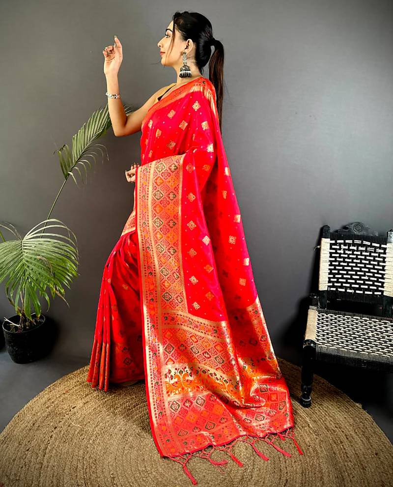 red banarasi lichi silk blend meenakari zari weaving patola saree