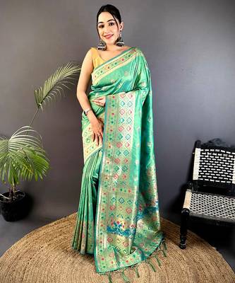 sea green banarasi lichi silk blend meenakari zari weaving patola saree 1