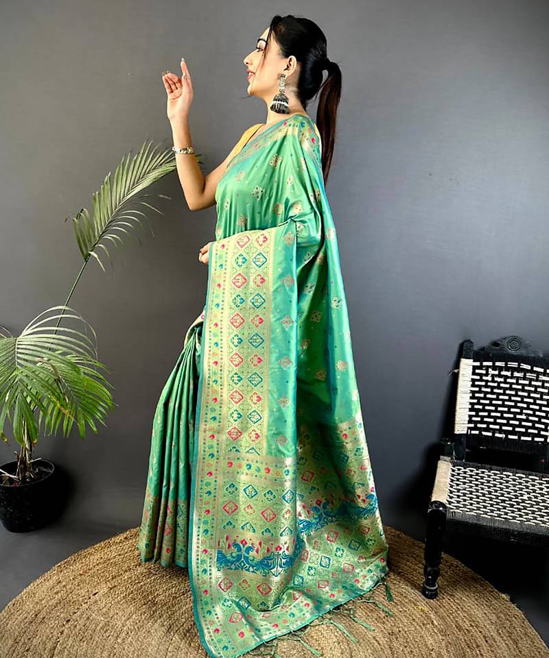 sea green banarasi lichi silk blend meenakari zari weaving patola saree
