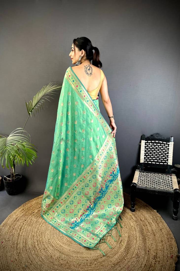 sea green banarasi lichi silk blend meenakari zari weaving patola saree