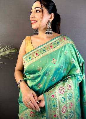 sea green banarasi lichi silk blend meenakari zari weaving patola saree 4