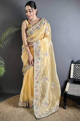bright yellow organza silk blend dubble sequence floral embroidery saree