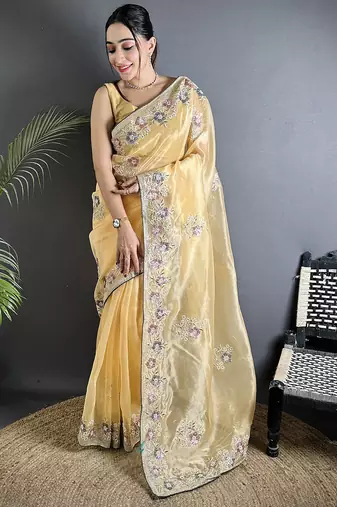 bright yellow organza silk blend dubble sequence floral embroidery saree