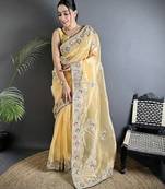 bright yellow organza silk blend dubble sequence floral embroidery saree