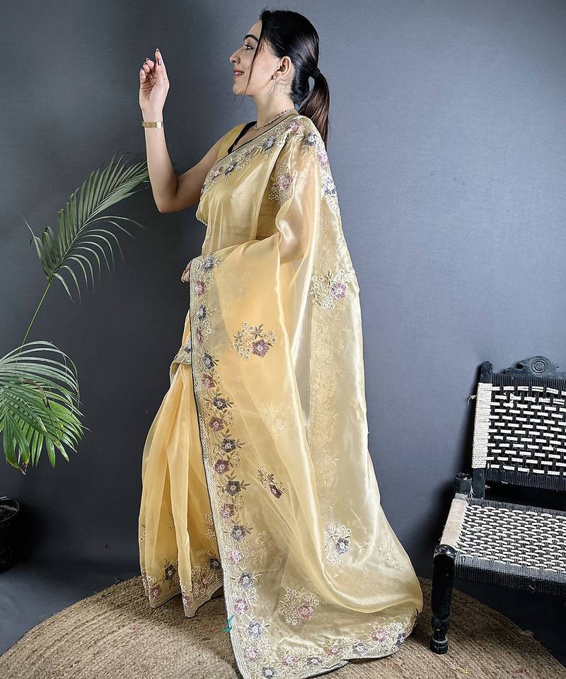 bright yellow organza silk blend dubble sequence floral embroidery saree