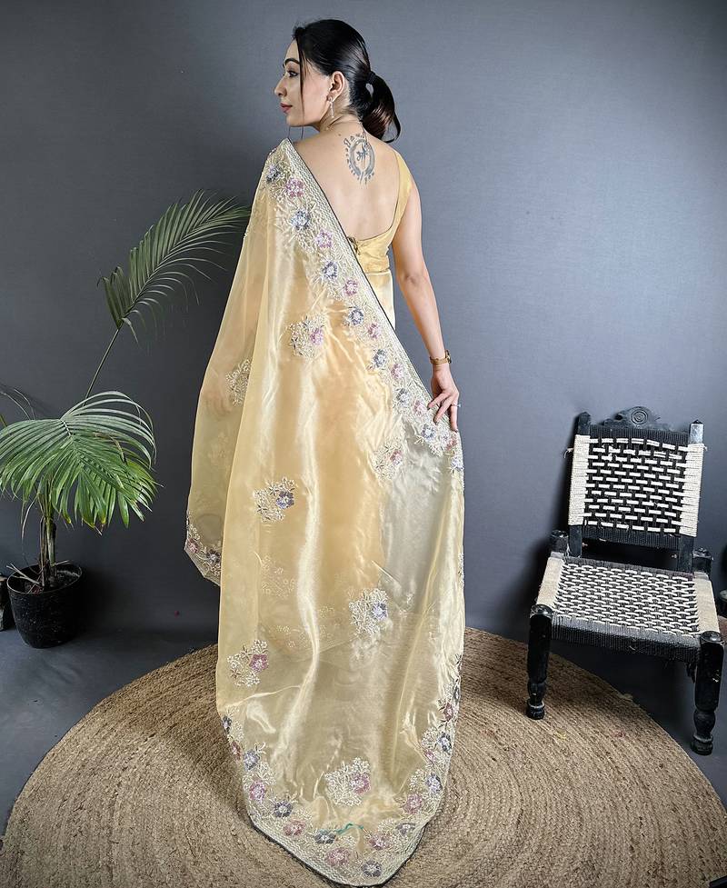 bright yellow organza silk blend dubble sequence floral embroidery saree