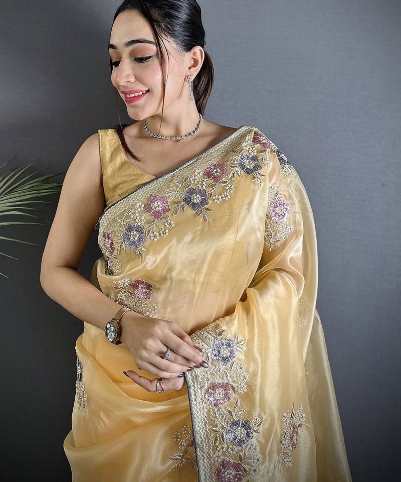 bright yellow organza silk blend dubble sequence floral embroidery saree