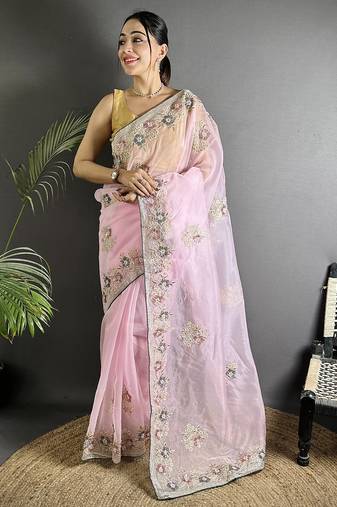 light pink organza silk blend dubble sequence floral embroidery saree