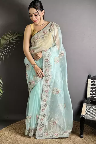 sky blue organza silk blend dubble sequence floral embroidery saree