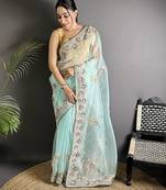 sky blue organza silk blend dubble sequence floral embroidery saree