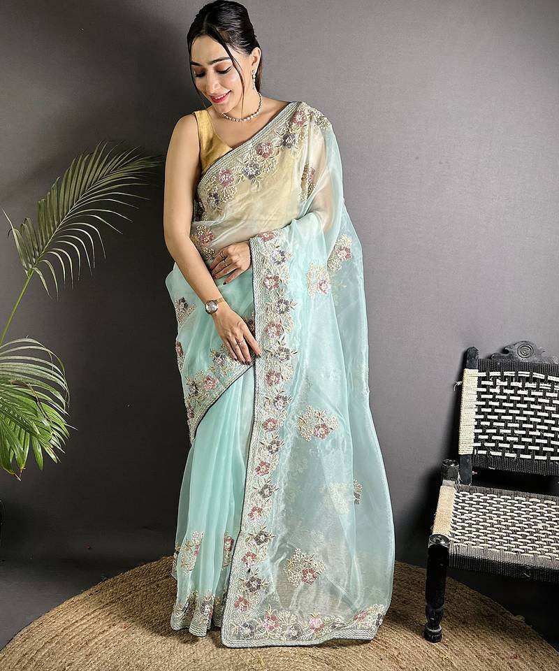 sky blue organza silk blend dubble sequence floral embroidery saree