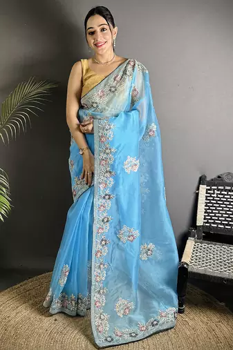 light turquoise organza silk blend dubble sequence floral embroidery saree