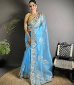 light turquoise organza silk blend dubble sequence floral embroidery saree