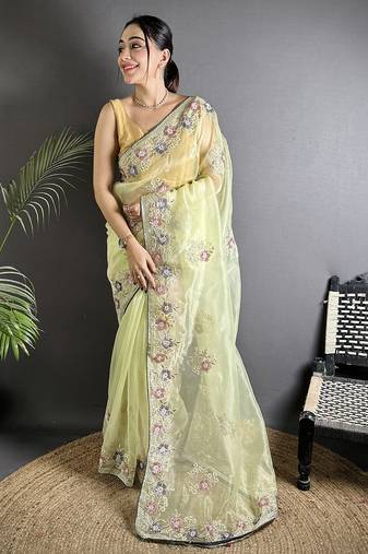 pale prim yellow organza silk blend dubble sequence floral embroidery saree