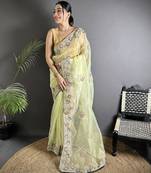 pale prim yellow organza silk blend dubble sequence floral embroidery saree