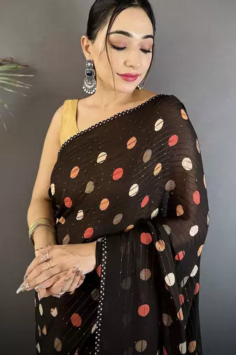 black polka dot sequence & foil print fancy georgette saree