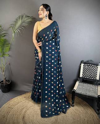 deep blue polka dot sequence & foil print fancy georgette saree 1