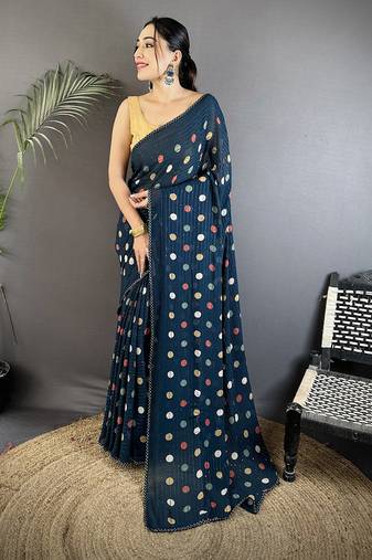 deep blue polka dot sequence & foil print fancy georgette saree