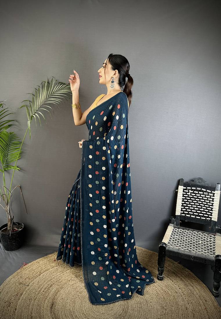 deep blue polka dot sequence & foil print fancy georgette saree