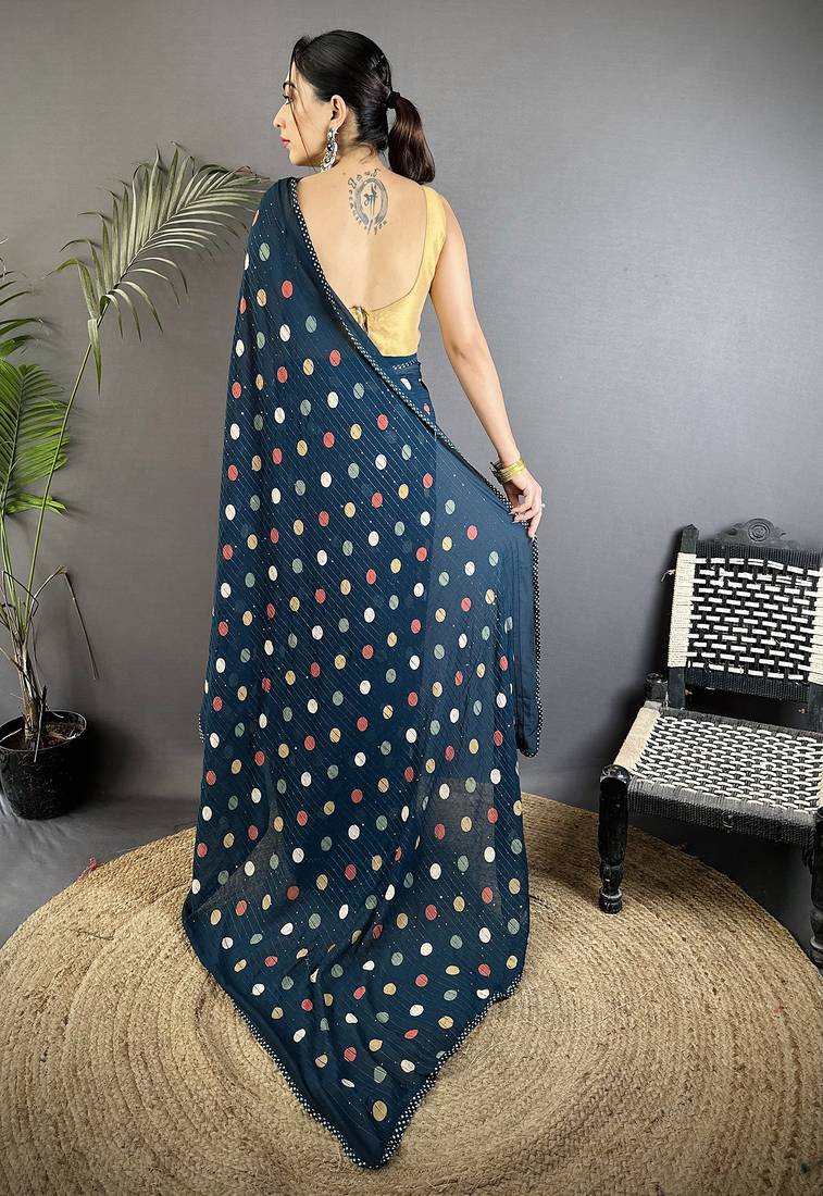 deep blue polka dot sequence & foil print fancy georgette saree