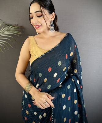 deep blue polka dot sequence & foil print fancy georgette saree 4