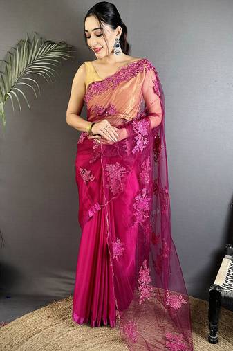 fuchia floral embroidered fancy georgette saree