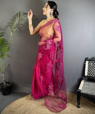 fuchia floral embroidered fancy georgette saree 2