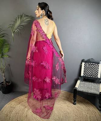 fuchia floral embroidered fancy georgette saree 3