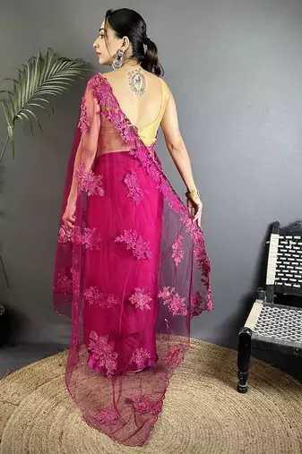 fuchia floral embroidered fancy georgette saree