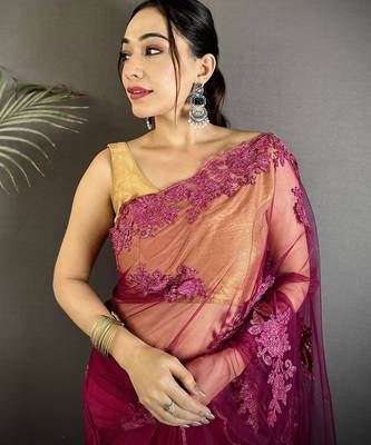 fuchia floral embroidered fancy georgette saree 4