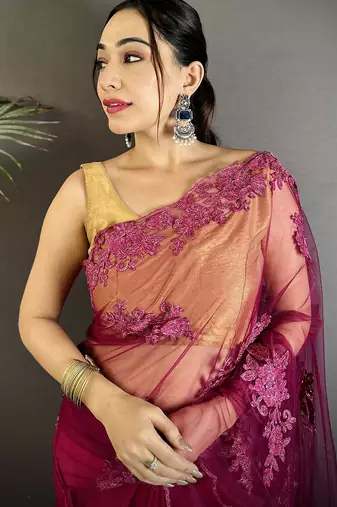 fuchia floral embroidered fancy georgette saree