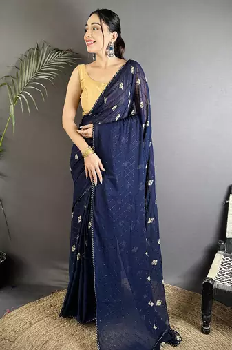 navy blue polka dot sequence & foil print fancy georgette saree