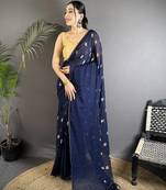 navy blue polka dot sequence & foil print fancy georgette saree