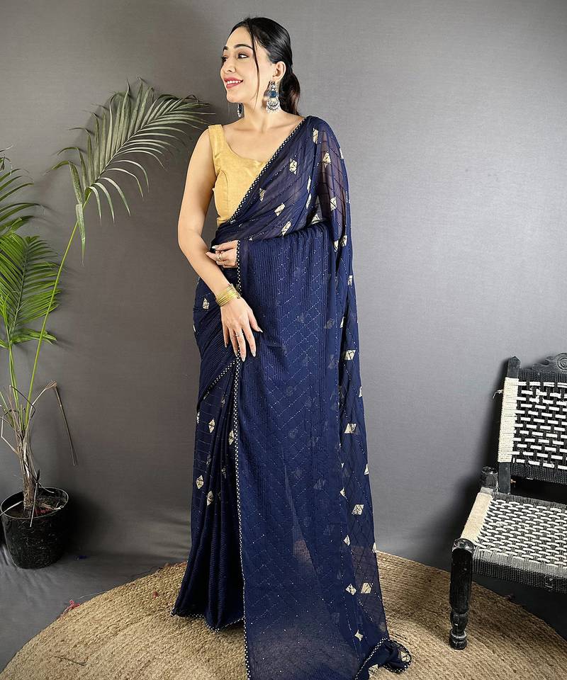 navy blue polka dot sequence & foil print fancy georgette saree