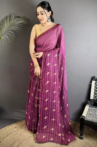 purple polka dot sequence & foil print fancy georgette saree