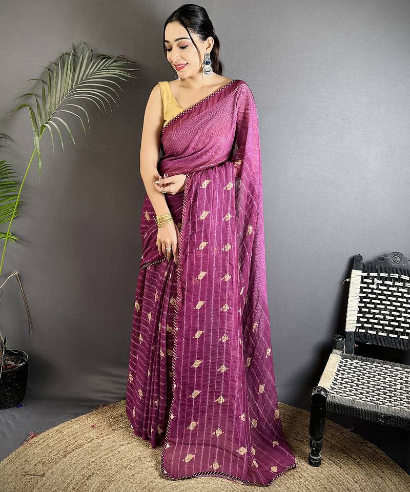 purple polka dot sequence & foil print fancy georgette saree