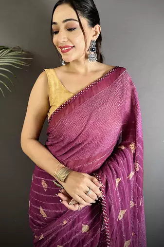 purple polka dot sequence & foil print fancy georgette saree