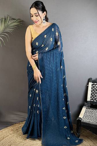 blue polka dot sequence & foil print fancy georgette saree