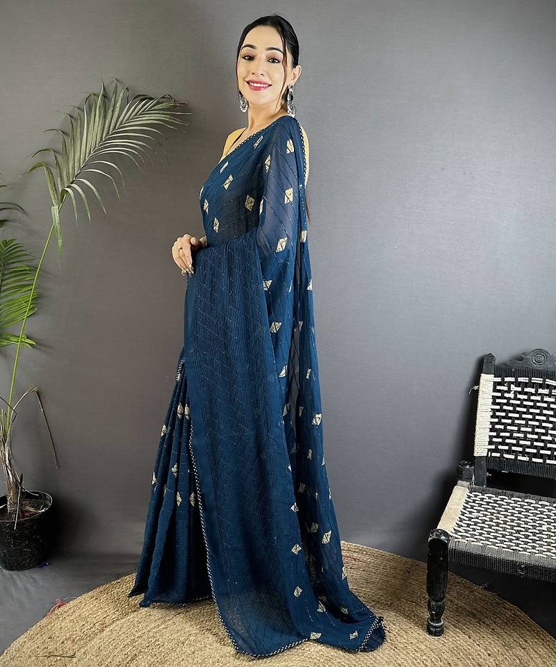 blue polka dot sequence & foil print fancy georgette saree