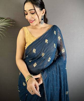 blue polka dot sequence & foil print fancy georgette saree 4