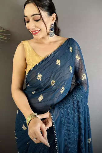 blue polka dot sequence & foil print fancy georgette saree